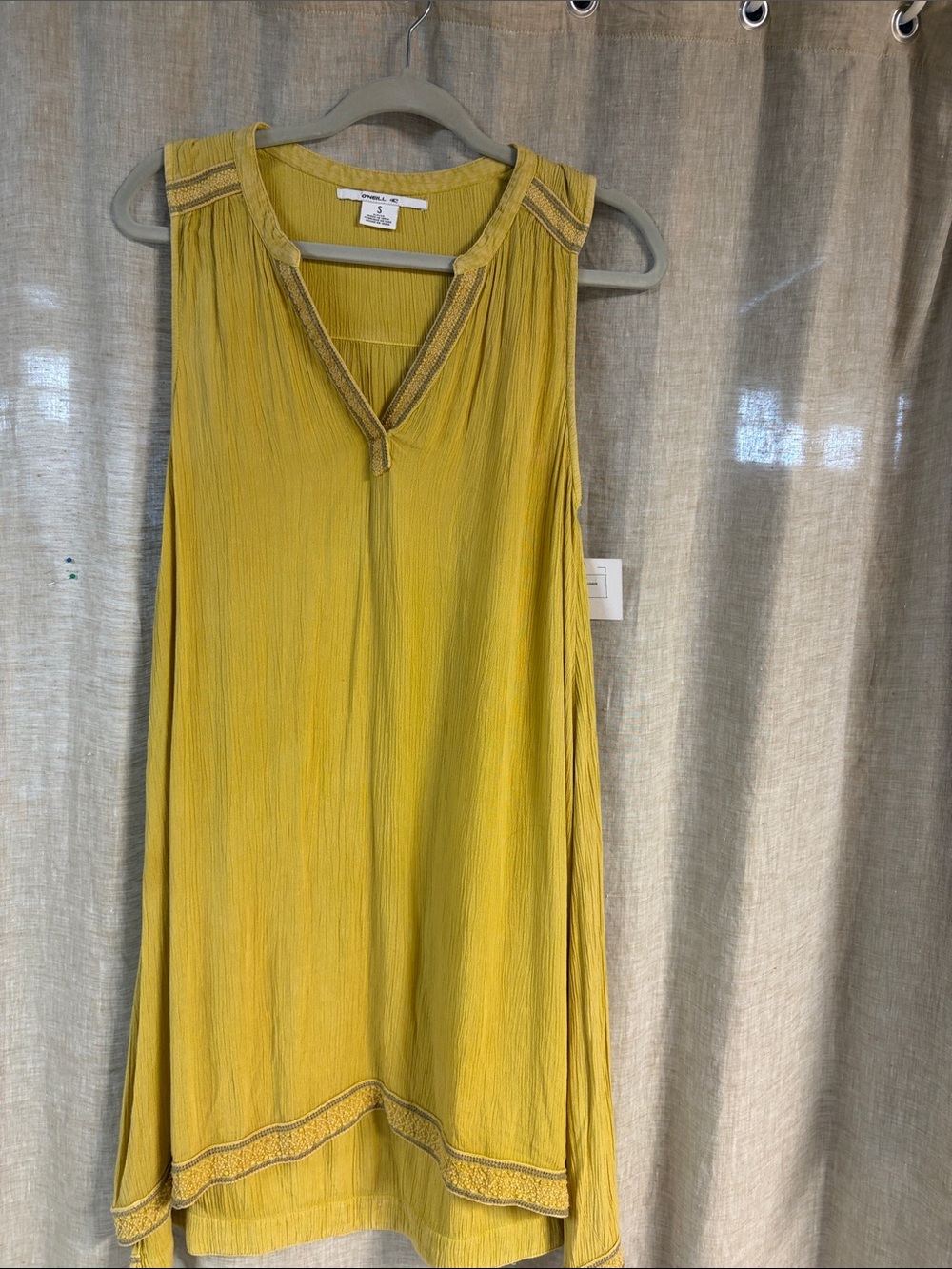 O'Neill Beachy Mustard Yellow Sleeveless Shift Dress with Embroidered Trim